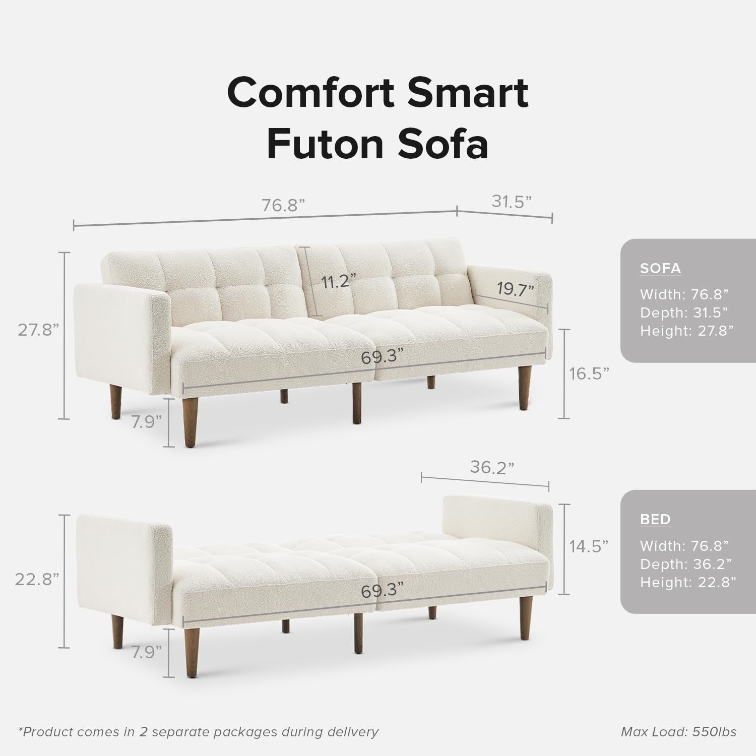 76.4" Futon Sofa Bed, Couch, Loveseat, Sleeper Sofa, Mid Century Modern Futon Couch, Sofa Cama, Couches for Living Room (Aaron, Pearl White Boucle)