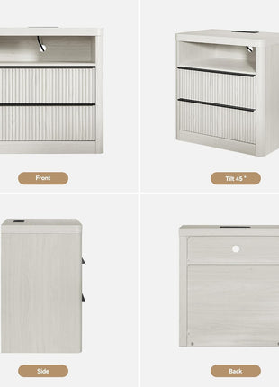 Set of 2 Fluted Nightstands with Drawer Storage, Modern Bedside Tables with USB Port and Outlet, Mid-Century Design for Bedroom and Sofa (White Oak)