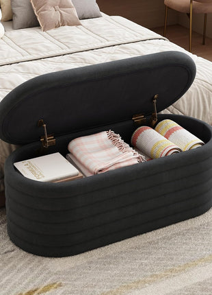 40-Inch Black Upholstered Chenille Fabric Storage Ottoman Bench for Bedroom and Living Room