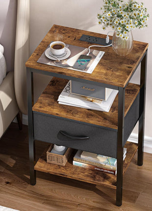 Rustic Brown and Black Nightstand with Integrated Charging Station, Adjustable Fabric Drawer, and 3-Tier Storage for Bedroom and Living Room