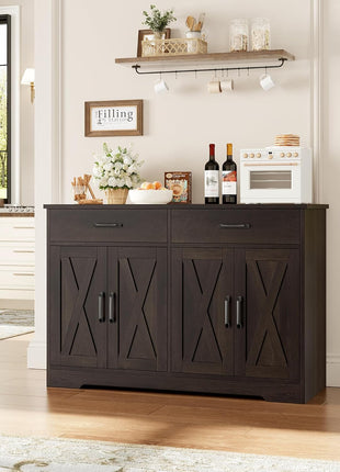 47.2" Modern Farmhouse Buffet Cabinet with Storage, Drawers, and Barn Doors - Dark Brown Kitchen Sideboard and Coffee Bar Station for Living Room