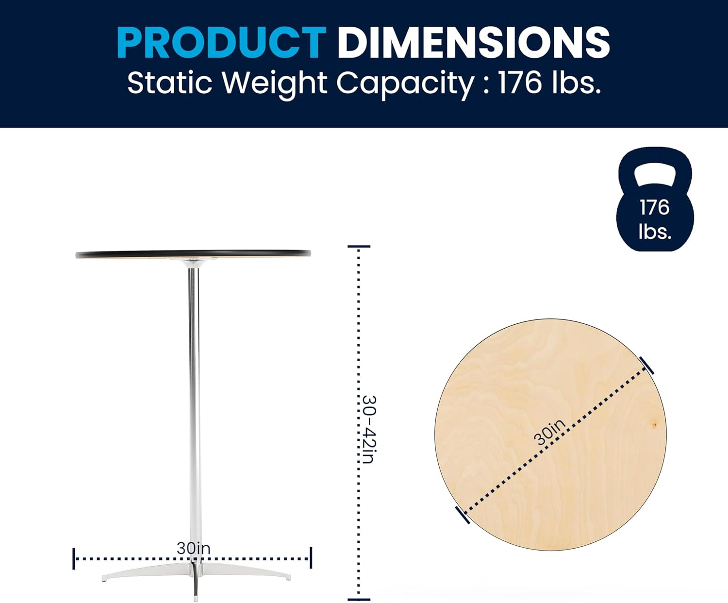 Lars 30" round Cocktail Table with 30" and 42" Columns, Adjustable Standard or Bar Height round Table for Events or Home Use, Natural