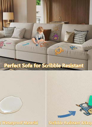 Oversized Modular Leather Sectional Sofa with Deep Seats - Extra Large U-Shaped Faux Leather Couch in Beige, Scratch Resistant and Modern Design