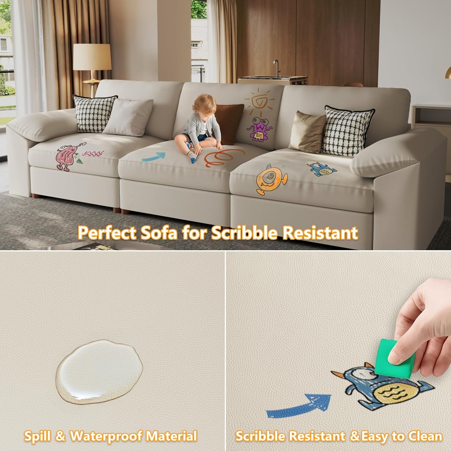 Faux Leather Sectional with Ottoman, Oversized Modular Couch, Modular Sectional Sofa with Deep Seat, Scratch Resistant Faux Leather Material, U Shaped Couch for Big Spaces, Beige