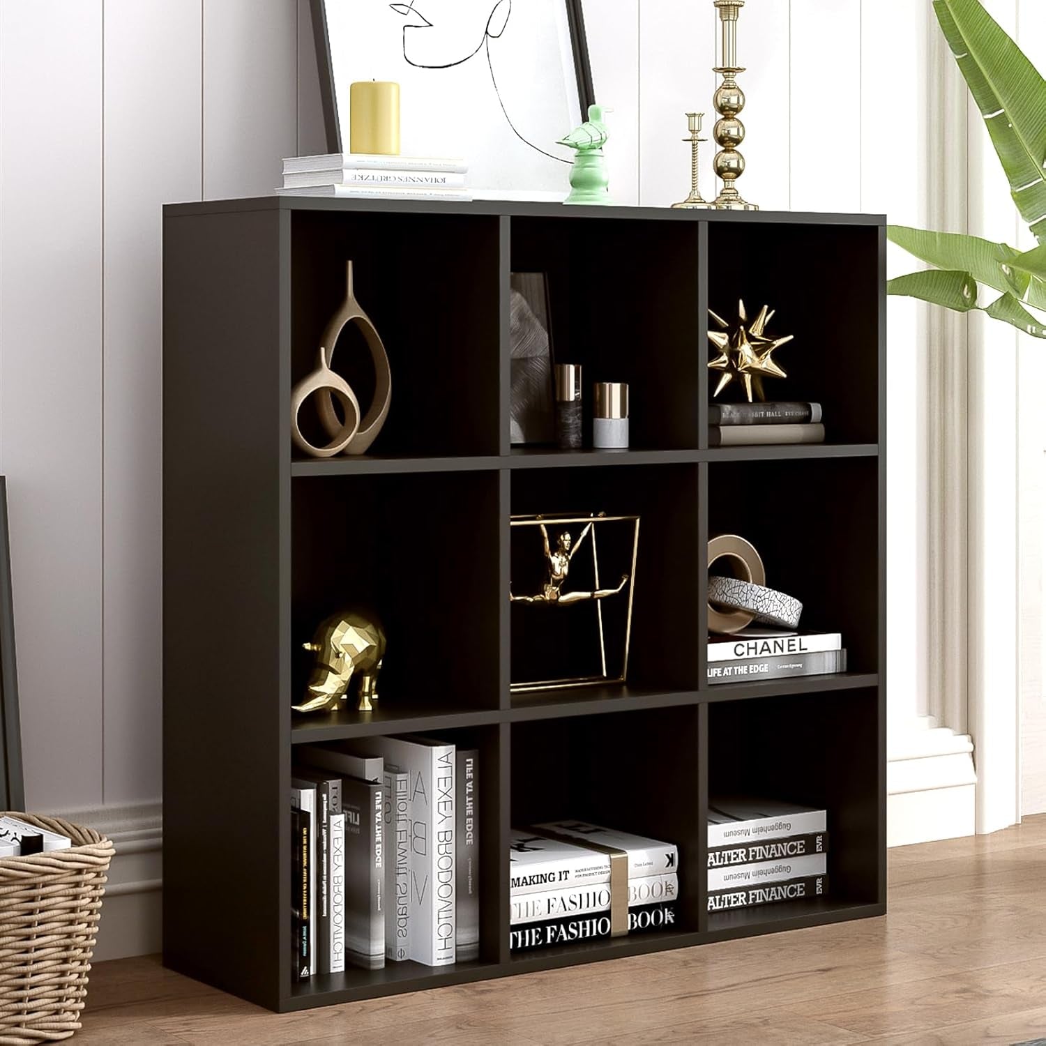 9-Cube Storage Shelf Bookcase - Wooden 3-Tier Free Standing Open Bookshelf for Home and Office, Organizer Cabinet in Black