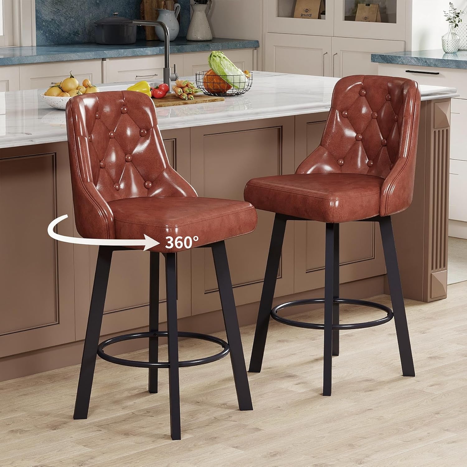 Swivel Barstools Set of 2, 26’’H Modern Counter Height Barstool with Metal Legs,Faux Leather Upholstered Bar Stools with Back for Kitchen Island, Dining Room, Pub - Brown