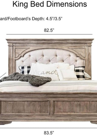 Highland Park 83.5" x 90" Farmhouse Wood and Fabric Upholstered King Bed with Button-Tufted Headboard and Low Vertical Planked Inset Footboard in Driftwood Gray Finish by  Company