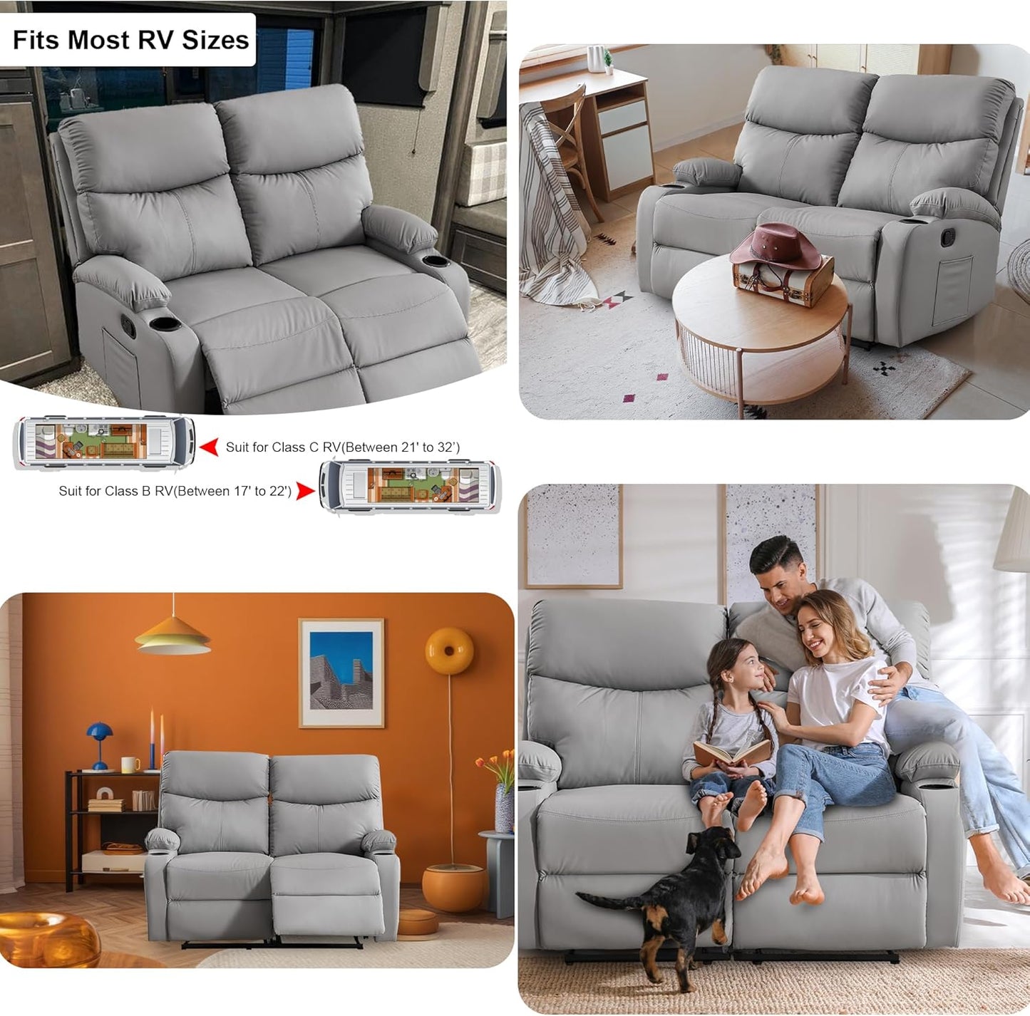Reclining Loveseat Double Recliner Couch, Anti-Scratch RV 2 Seater Wall Hugger Recliner Chair Set for Living Room, RV, Home Theater(Loveseat, Gray)