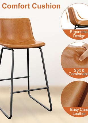 Set of 4 Contemporary PU Leather Counter Height Bar Stools, 26" Armless Dining Chairs with Metal Legs and Footrest in Brown