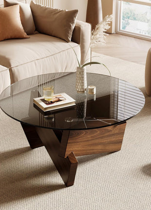 Contemporary Round Coffee Table with Tempered Glass Top, 30.7" x 30.7" x 16.1", Walnut Finish for Living Room Decor