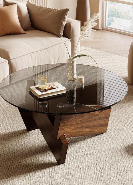 Contemporary Round Coffee Table with Tempered Glass Top, 30.7" x 30.7" x 16.1", Walnut Finish for Living Room Decor