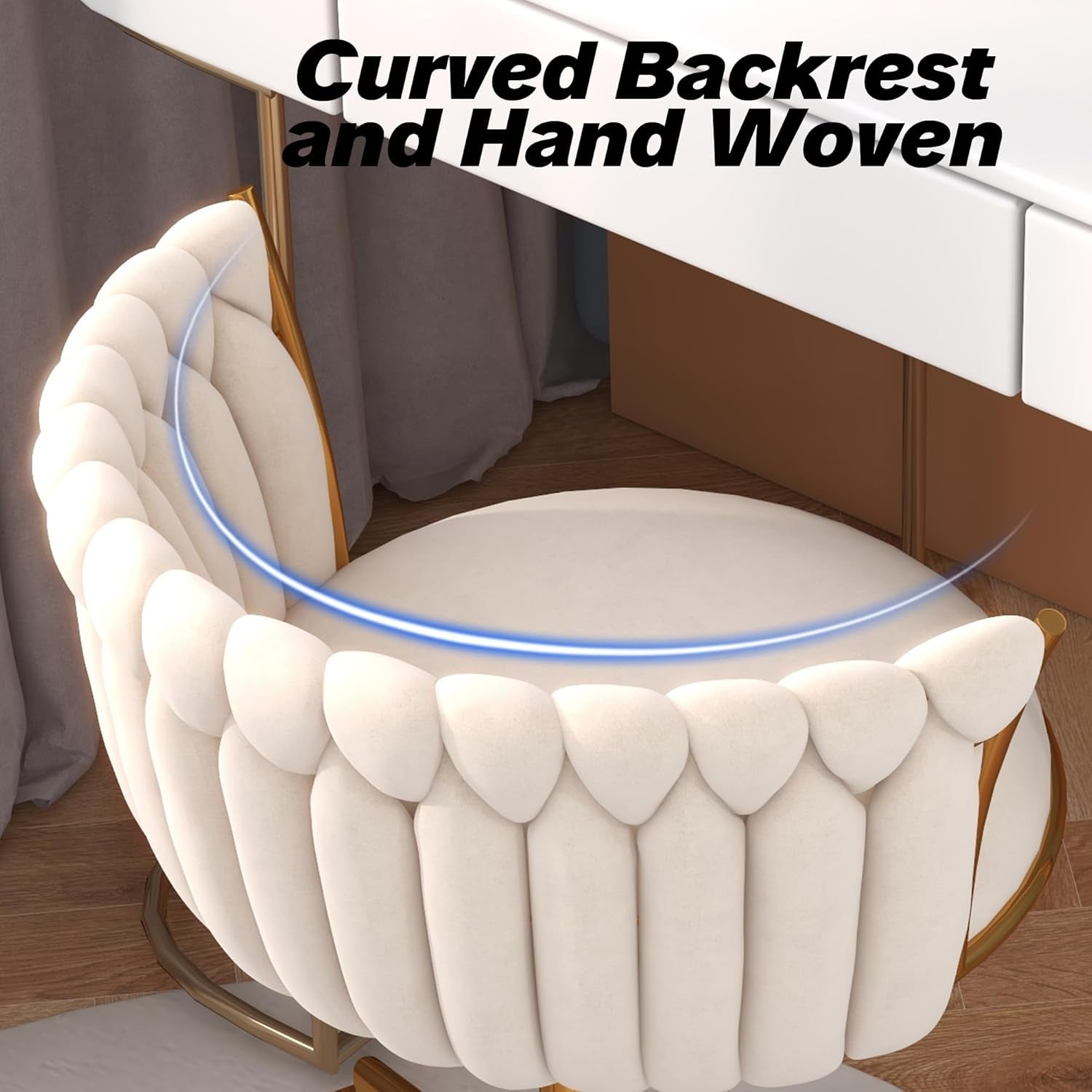 Velvet Woven Home Office Chair, Modern Swivel Desk Chair with Wheels, Height Adjustable Vanity Chair with Gold Metal Base and Hand Weaving Back, Beige