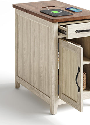 Farmhouse End Table with Built-in Charging Station, Compact Side Table for Living Room, Sofa Companion with Drawer and Storage Cabinet, Versatile Nightstand for Home Office
