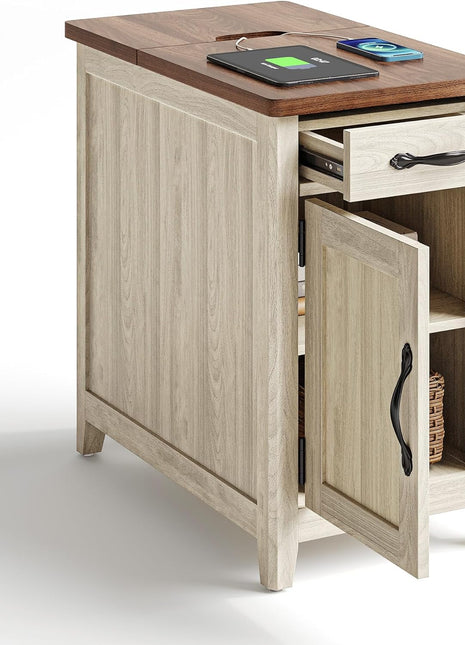 Farmhouse End Table with Built-in Charging Station, Compact Side Table for Living Room, Sofa Companion with Drawer and Storage Cabinet, Versatile Nightstand for Home Office