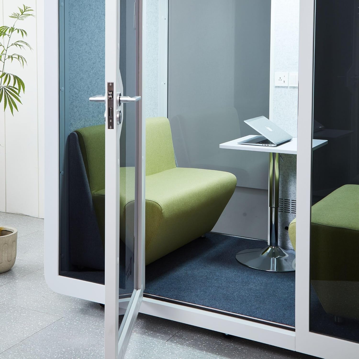 Mobile Office Pod Booth, Sound Proof Office Pod Booth with Mobile Roller, Larger Space for 2-4 People, LED Lighting System,Fans and AC USB Ports（White-Grey）