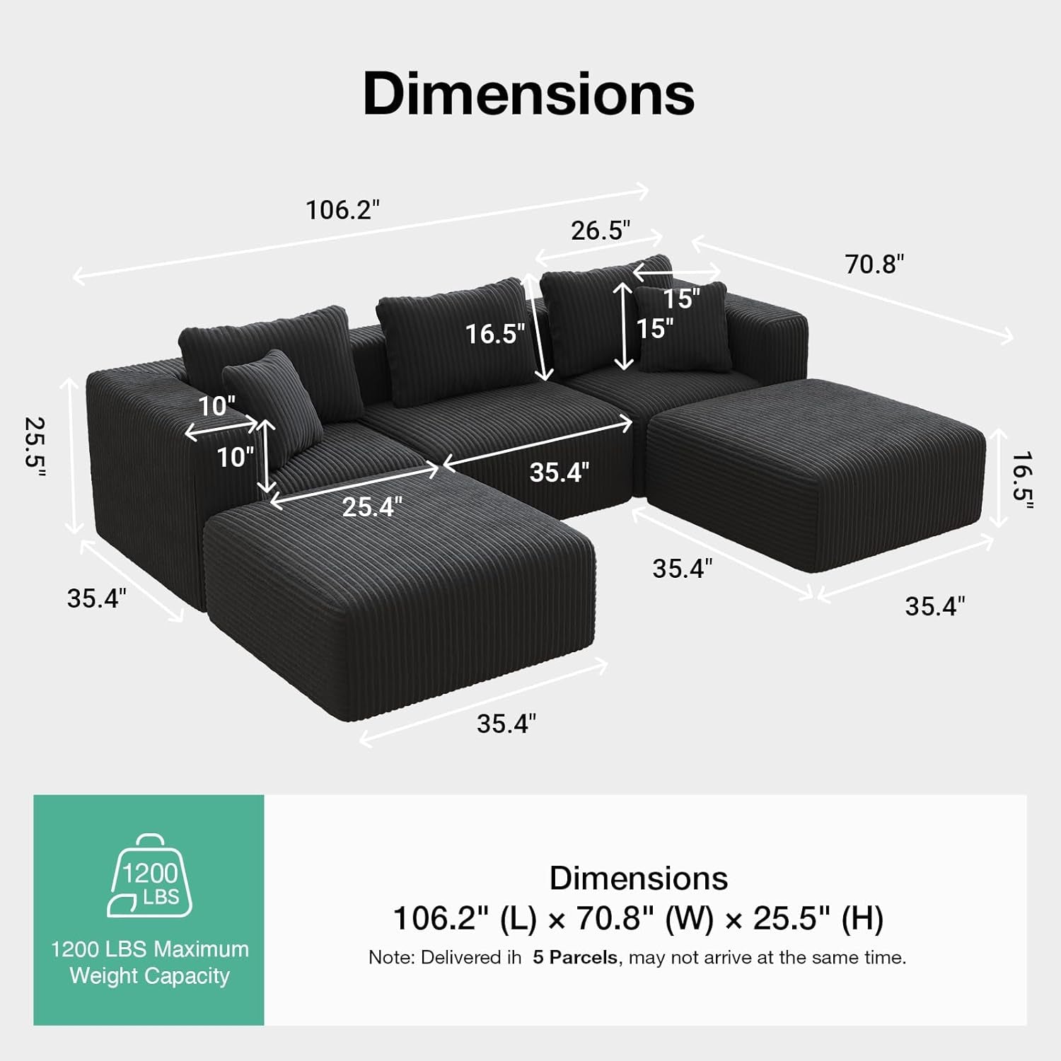 106" Modular Sectional Sofa, Modern Cloud Sectional Couch with Smarts Coil® Support, U-Shape Boneless Couch for Living Room Apartments Bedroom, No Assembly Required (3 Seater + 2 Ottoman)