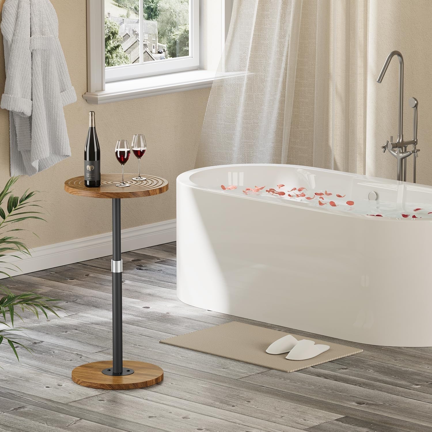 Round Side Table, Adjustable-Height Small Drink Table, Pedestal Martini Stand, Weighted Base Cocktail Table Accent Nightstand for Living Room, Bedroom, Bathroom, Office, Walnut