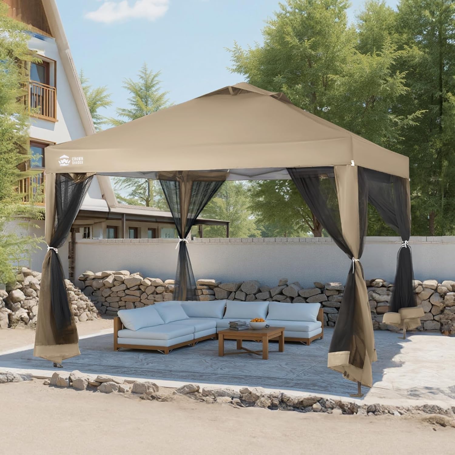 10X10 Pop up Gazebo, Canopy with Mosquito Netting,Instant Screen Tent with 4 Ropes, 8 Stakes, 4 Sandbags and Wheeled Storage Bag,For Patio & Backyard Parties,Camping&Events- Beige