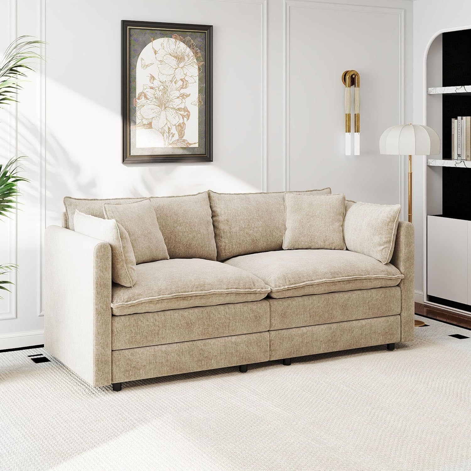 Modular Sectional Sofa Modern Convertible Loveseat Couch,77.16 Inch Deep 2-Seater Sofas Comfy Chenille Cloud Sofas and Couches with Pillows for Living Room Apartment（Camel）