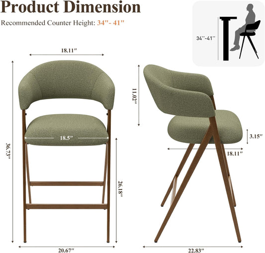 Bar Stools Set of 2, Counter Height Barstools with Back, Modern Upholstered Island Stools with Metal Legs for Kitchen Counter, Dining Room, Green