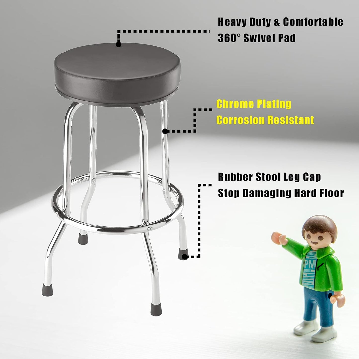 Swivel Bar Stool: Padded Garage/Shop Seat with Chrome Plated Legs, Black, 28.74" Tall, 18.5" Diameter