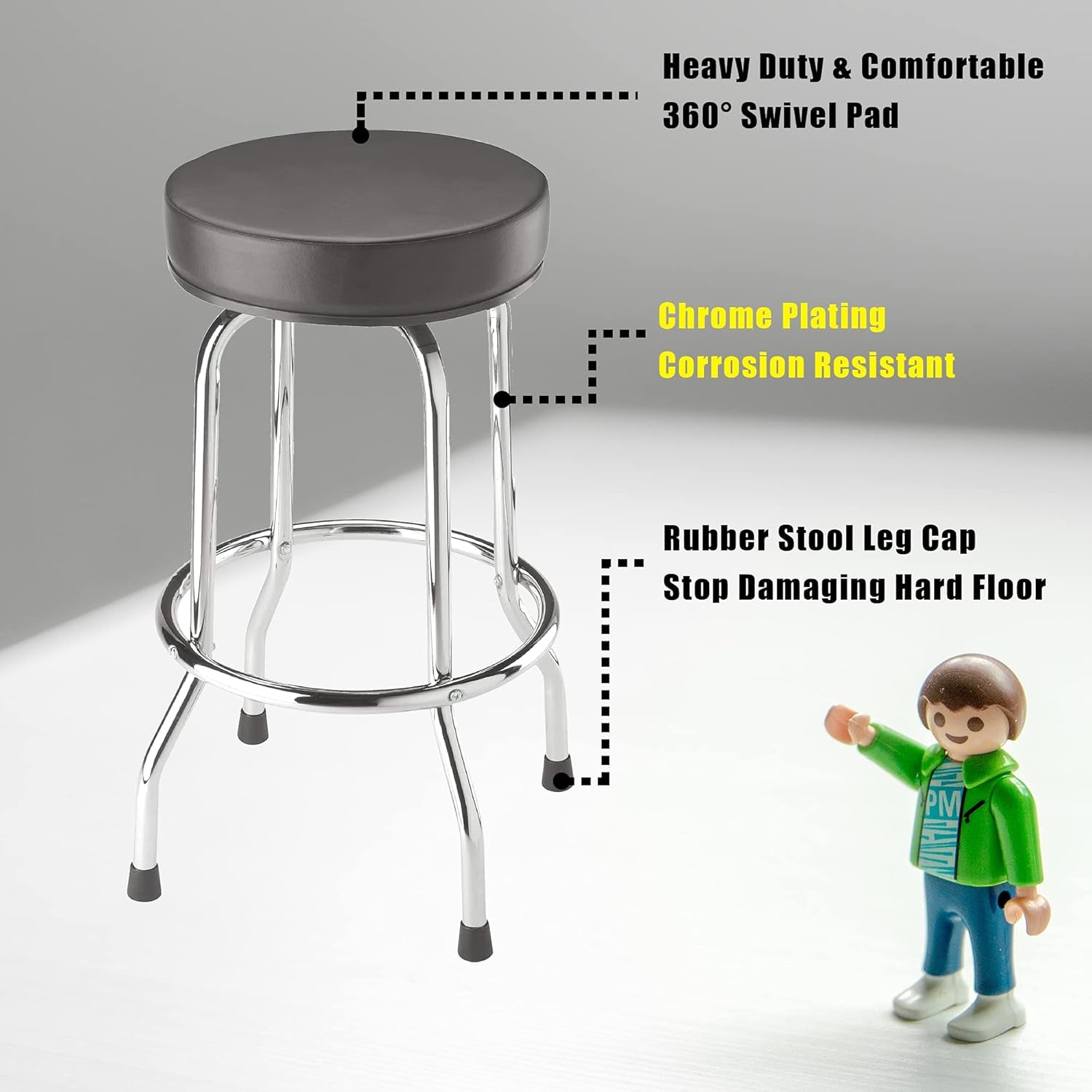 Swivel Bar Stool: Padded Garage/Shop Seat with Chrome Plated Legs, Black, 28.74" Tall, 18.5" Diameter