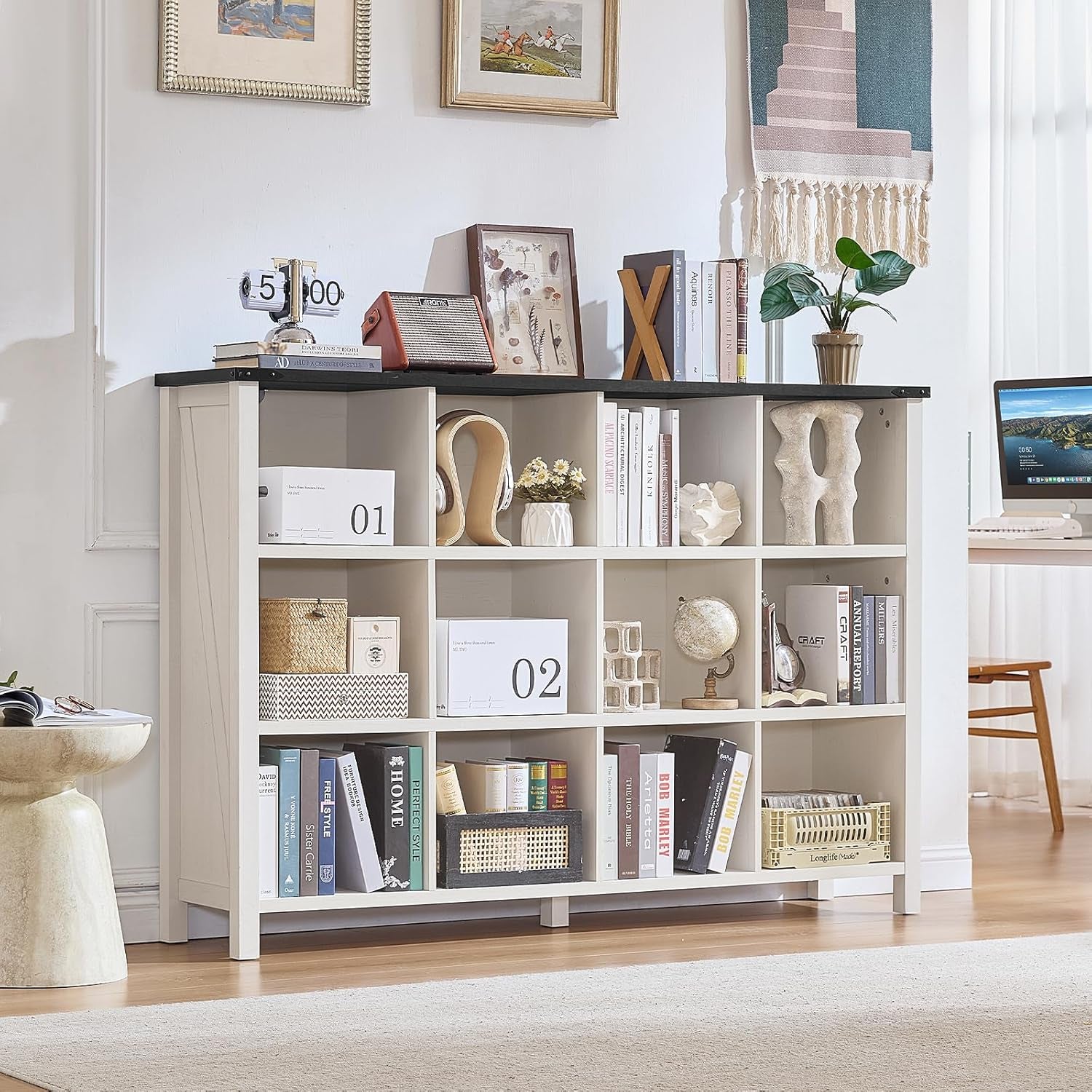 12 Cube Storage Organizer, Farmhouse 62 Inch Warm White Display Bookshelf, Wooden 3 Tier Large Open Book Shelf, Modern Bookcase for Home Office, Rustic Cubby Cabinet for Living Room, Bedroom