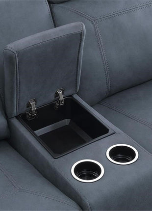 Glider Motion Loveseat Recliner with Stainless Steel Cup Holders and Central Storage Console, Upholstered Reclining Sofa for Living Room and Home Theatre, Polished Blue Microfiber Finish
