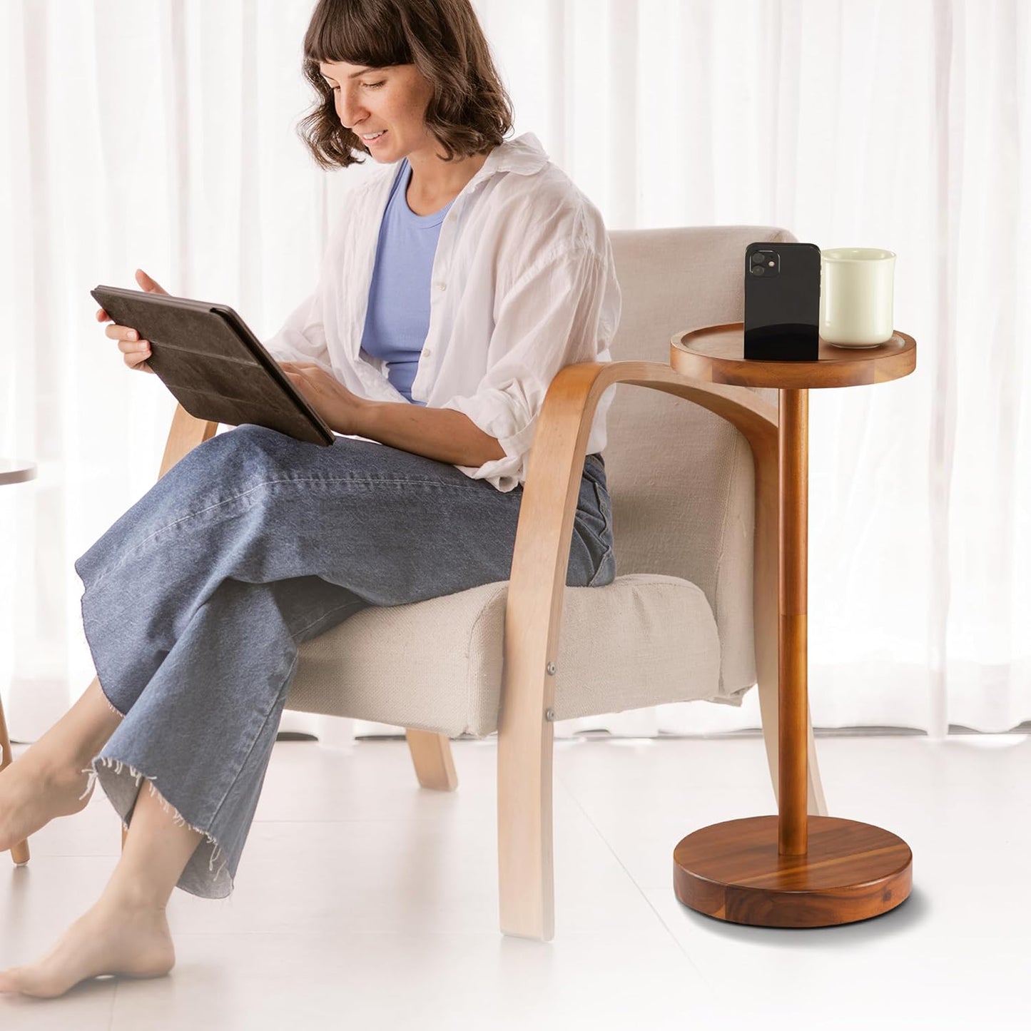 Drink Table, 22" Tall Compact Side Table with Phone Slot and Weighted Base, Durable Pedestal Table Accent for Living Room, Bedroom, or Office, Cocktail and Martin (1, Acacia)