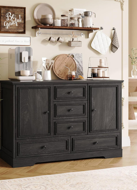 47" Modern Farmhouse Buffet Cabinet with 5 Drawers and Adjustable Shelves, Versatile Sideboard Storage for Dining Room and Kitchen, Black Finish