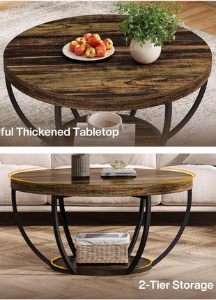 31.7-Inch Round Wooden Coffee Table with Dual-Tier Storage Shelves, Modern Rustic Accent Table for Living Room in Brown Finish