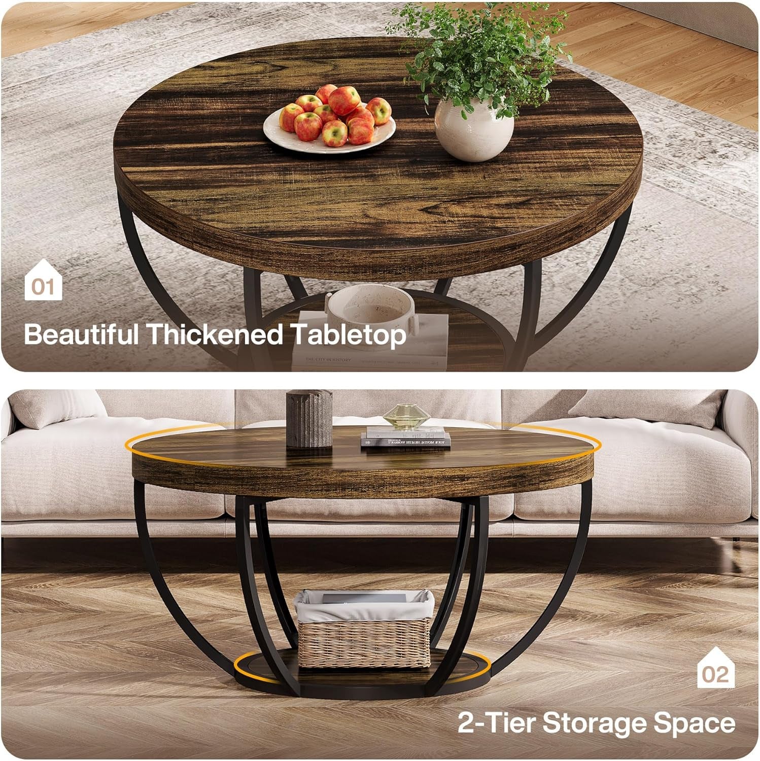 round Coffee Table, 31.7" Wooden 2-Tier Circle Coffee Table with Storage Shelves, Modern Accent Cocktail Table Center Table for Living Room, Rustic Brown