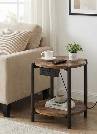Round End Table with Integrated Charging Station, 15.8" Industrial 2-Tier Nightstand for Compact Spaces, Rustic Brown Finish, 77 lbs Load Capacity