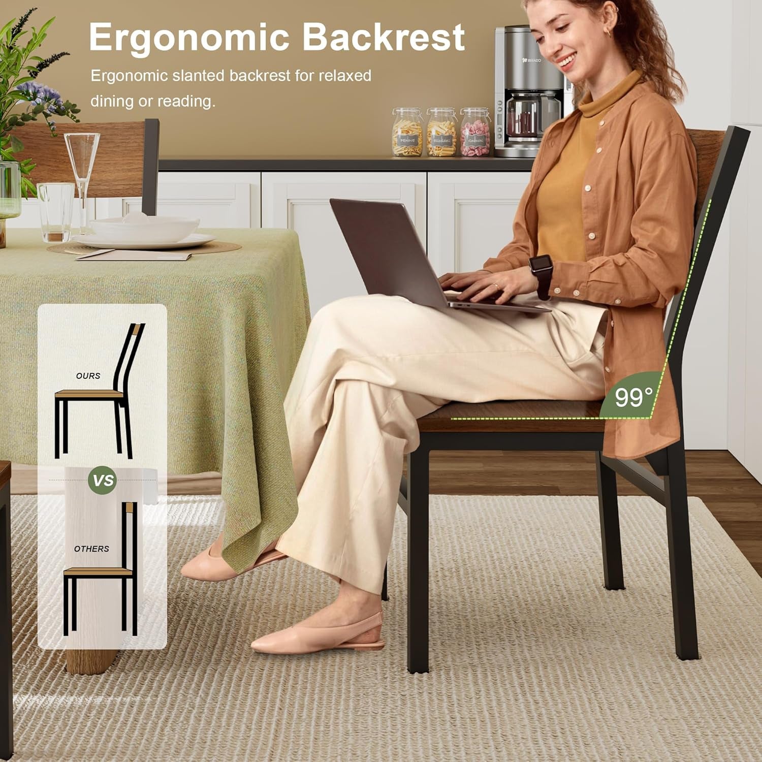 Dining Chairs Set of 6, Modern Kitchen Chairs with Ergonomic Backrest, MDF Board and Metal Legs, Dinner Chairs for Dining Room, Kitchen and Living Room, Walnut