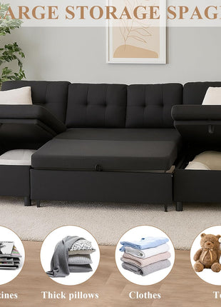 Oversized Sectional Sleeper Sofa with Storage Chaise - Comfortable Pull-Out Bed for Living Room in Stylish Black with Double Chaise