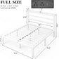 Full Size Bed Frame with Storage Headboard, Industrial Platform Bed with Charging Station and LED Lights,Underbed Storage Space, No Box Spring Needed, Easy Assembly, White