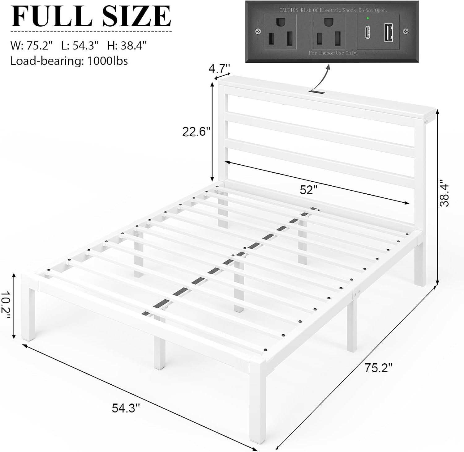 Full Size Bed Frame with Storage Headboard, Industrial Platform Bed with Charging Station and LED Lights,Underbed Storage Space, No Box Spring Needed, Easy Assembly, White