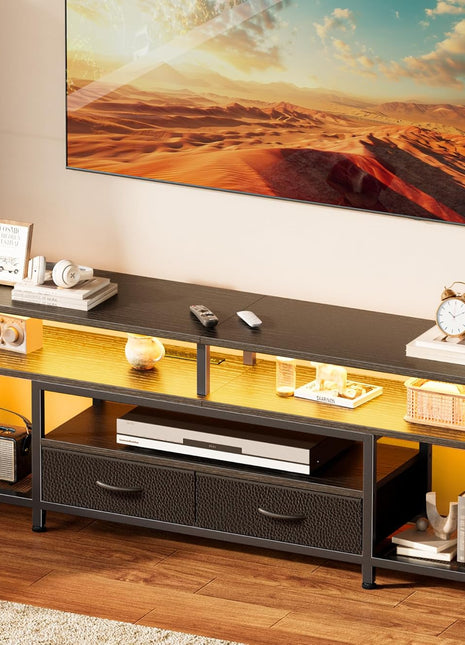 63-Inch LED TV Stand for 65-70 Inch Televisions, Modern Entertainment Center with Open Shelves and Power Outlets, Media Console with Drawers in Black