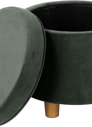 Upholstered Round Storage Ottoman in Loden Green Velvet for Living Room and Bedroom Decor