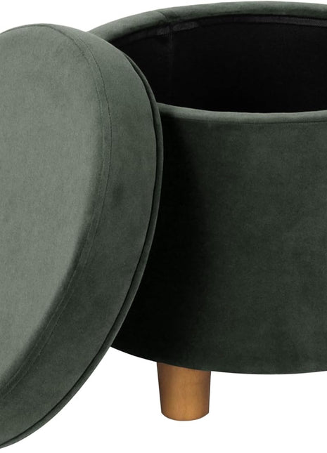 Upholstered Round Storage Ottoman in Loden Green Velvet for Living Room and Bedroom Decor