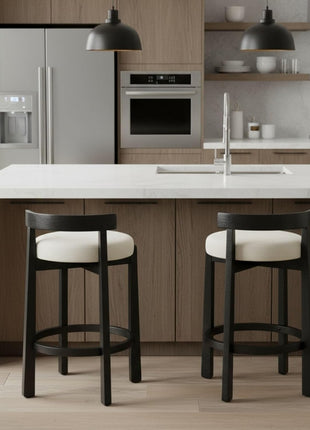 Set of 4 Mid-Century Modern Linen Counter Stools with Upholstered 26.5” Seat Height, Black Wood Legs, and Round Low Back, Perfect for Dining Rooms and Restaurants, Beige