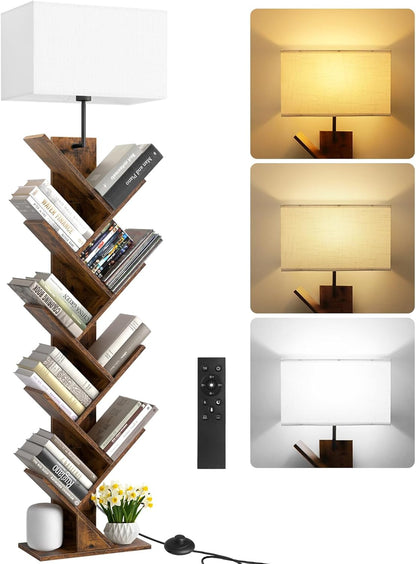 9 Tier Tree Bookshelf with Light, Remote & Timer, Modern Tall Floor Standing Book Shelf, Narrow Wood Bookcase, Small Book Organizer Shelves for Living Room, Bedroom, Office