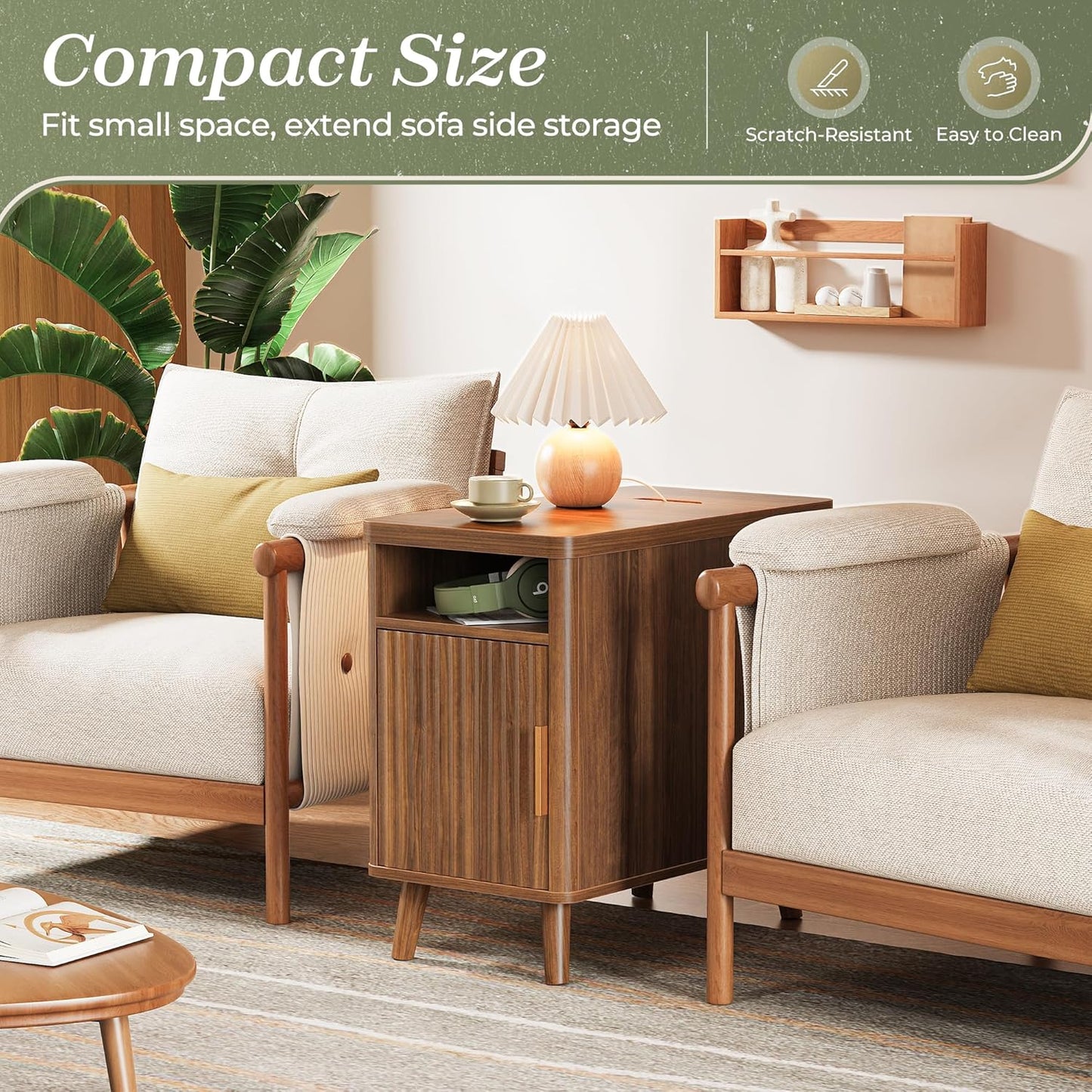 Narrow End Table with Charging Station, USB-C Port, Fluted Nightstand with Storage Cabinet, Back Rack, Farmhouse Side Table for Small Spaces, 13.4 × 23.6 Inch Night Stand, Walnut