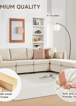 Modular U-Shaped Sectional Sofa with Storage, Convertible Design, High-Quality Soft Foam Cushions, Comfortable Seating for 6, Beige
