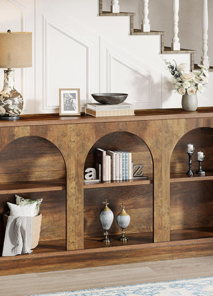 63-Inch Wooden Farmhouse Console Table with 3-Tier Storage for Hallway, Living Room, and Behind Couch in Brown