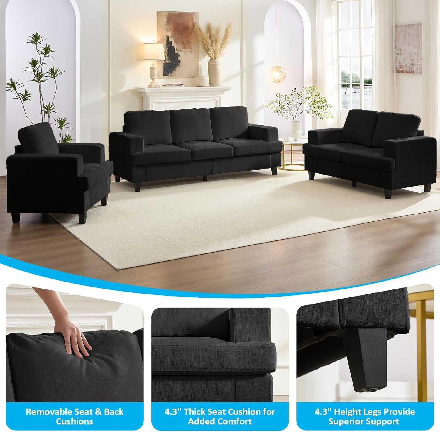 82" Width 3 Piece Living Room Sets Furniture, 3 Seater Sofa Couch and Loveseat and Chair Set, Modular Sectional Sofa Couch Sets, Sofas Couches Set for Living Room Bedroom Home Office, Dark Grey