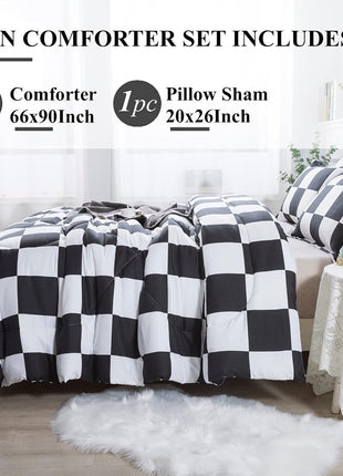 Twin Checkered Comforter Set (66x90 Inches) - Black and White Plaid Gingham Bedding for Teens and Kids, Lightweight Polyester Geometric Design, 2 Pieces