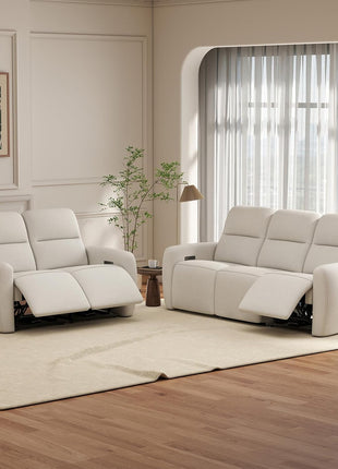 3-Seater Reclining Sofa and Loveseat Set with USB and Type-C Charging Ports, Overstuffed Fabric Design for Living Room, Home Theater, and RV (Beige)
