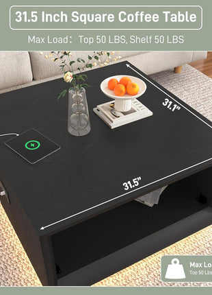 32-Inch Mid-Century Modern Square Coffee Table with Integrated LED Lighting and Power Outlet, Two-Tier Minimalist Design with Storage, Deep Beveled Edge, Black Wood Finish
