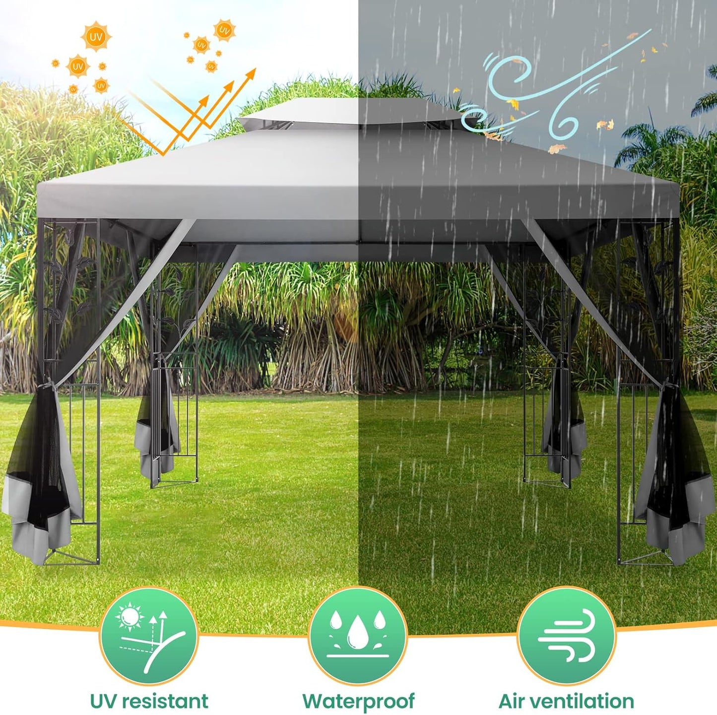 Gazebo 10X13 Heavy Duty Gazebos with Improved Nettings Outdoor Gazebo Double Roof Patio Gazebos with Metal Steel Frame Outdoor Canopy for Patio, Deck, Backyard (Gray)